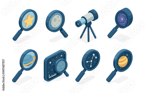 Isometric space exploration icons set – telescope, moon, star, galaxy, planet, saturn