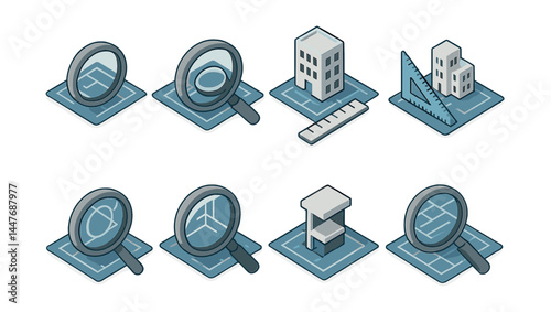 Architectural planning icons set – magnifying glass, buildings, ruler, protractor, structure
