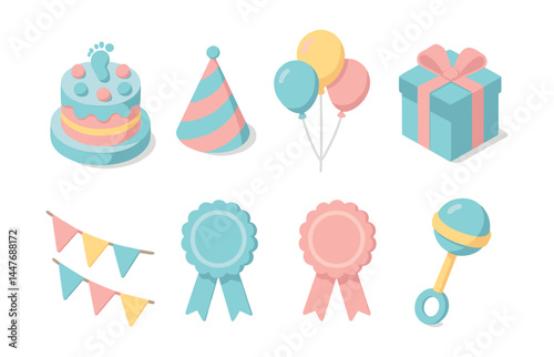 Baby shower celebration icons set – cake, hat, balloons, gift, bunting, ribbons, rattle