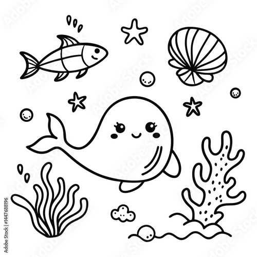 Set of underwater world Hand drawn kawai ideal for coloring book