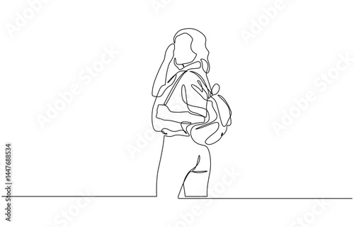 Continuous single one line drawing art of college campus student woman with bag backpack, Student girl with backpack at university with mobile and workbooks. Single line art style.