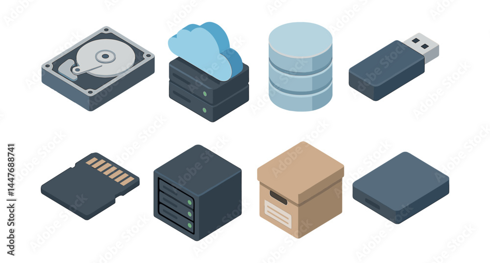 Data storage icons set – hard drive, cloud, database, usb, server, sd card, storage box Data storage icons set – hard drive, cloud, database, usb, server, sd card, storage box