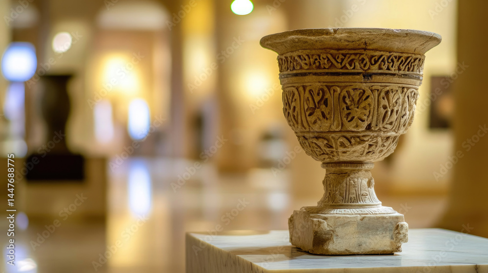 Ornate stone vase on a pedestal, in a museum. Intricate carvings adorn the vase. Museum hall in the background Ornate stone vase on a pedestal, in a museum. Intricate carvings adorn the vase. Museum hall in the background