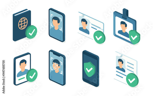 Identity verification icons set – passport, smartphone, shield, checkmark