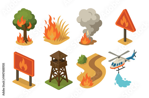 Wildfire alert icons set – fire, smoke, helicopter, road, tree, grass, warning, watchtower
