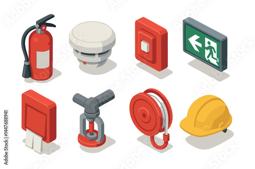 Fire safety icons set – extinguisher, smoke detector, emergency exit, sprinkler, hose, helmet