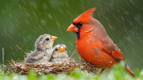 Cardinal mother bird sheltering her nestlings from the rain showing care