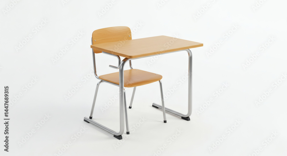A minimalist school desk and chair set isolated on white, showcasing simple, functional design with modern realism A minimalist school desk and chair set isolated on white, showcasing simple, functional design with modern realism
