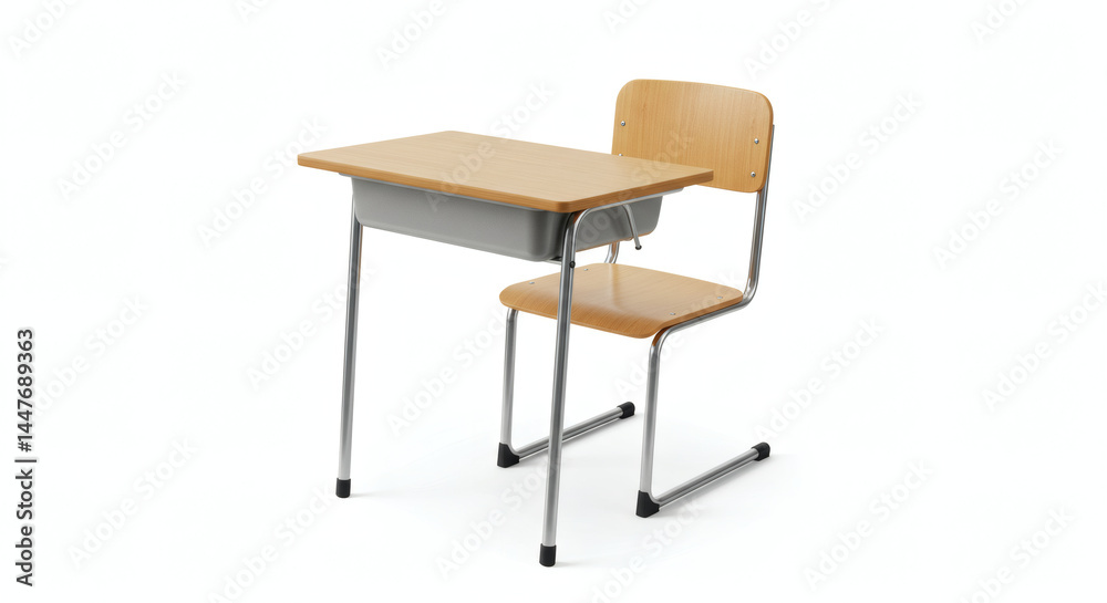 A minimalist school desk and chair set isolated on white, showcasing simple, functional design with modern realism A minimalist school desk and chair set isolated on white, showcasing simple, functional design with modern realism