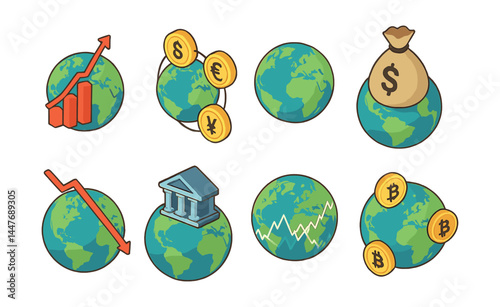 Global economy icons set – growth, currency, investing, inflation, finance, market trends