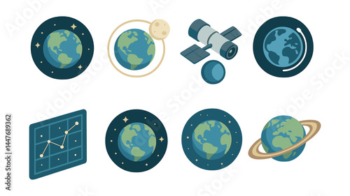 Isometric space exploration icons set – earth, satellite, moon, planet, orbit, chart
