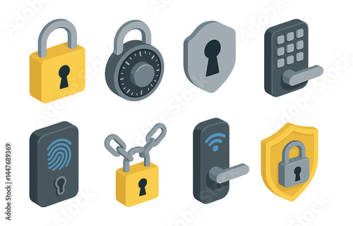 Essential security locks icons set – padlock, combination, shield, keypad, fingerprint