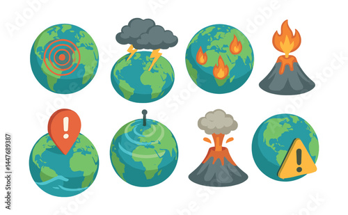 Global disaster monitoring icons set – earthquake, storm, fire, volcano, flood, alert signs