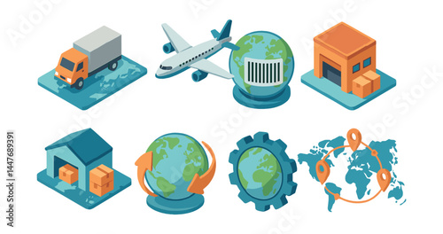 Global logistics icons set – truck, airplane, warehouse, globe, barcode, delivery routes