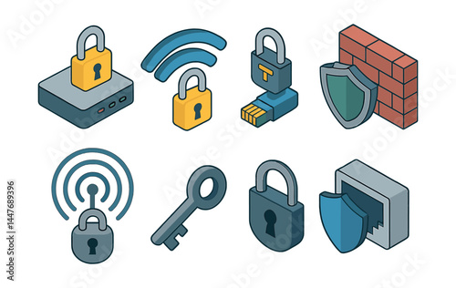 Isometric network security icons set – lock, firewall, key, shield, router, encryption, wi-fi