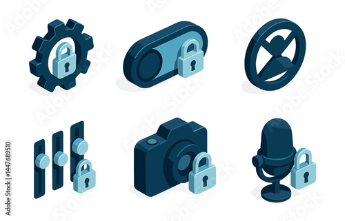 Privacy control icons set – gear, switch, user, sliders, camera, microphone