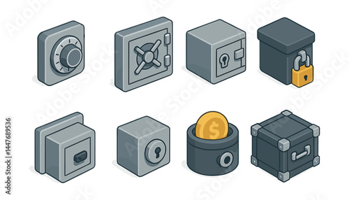 Secure storage icons set - safe, vault, lock, coin, box, padlock