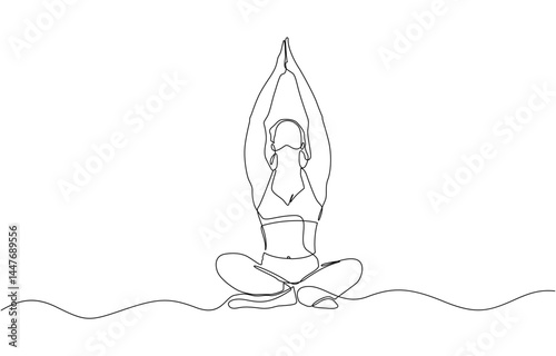 Continuous one line drawing of beautiful female yoga pose character, Woman doing yoga and meditation continuous line drawing. Fitness and gym concept.