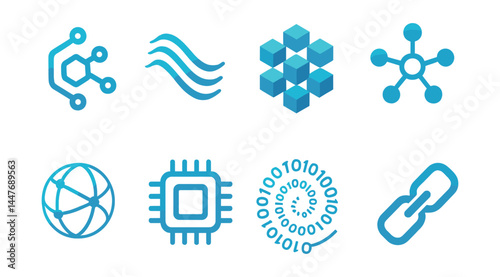 Futuristic tech icon set – network, blockchain, circuit, bit, data, binary, chip, global, digital, connect