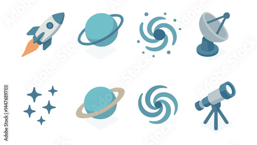 Space technology icons set – rocket, planet, galaxy, satellite, telescope