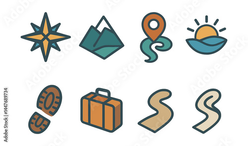 Adventure icons set – compass, mountains, map pin, sunrise, footprint, suitcase, trails