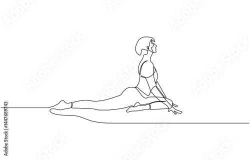 Continuous one line drawing of beautiful female yoga pose character, Woman doing yoga and meditation continuous line drawing. Fitness and gym concept.
