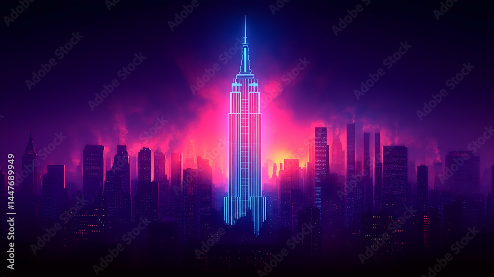 Obraz premium Neon-lit cityscape at dusk prominent skyscraper glowing vibrantly against a purple and pink sky Buildings are silhoue