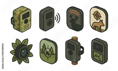 Wildlife monitoring icons set – camera, deer, target, forest, camouflage