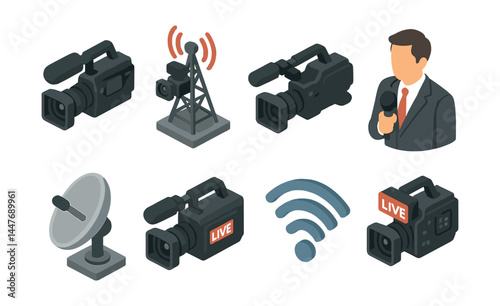 Broadcast equipment icons set – camera, microphone, antenna, satellite, live, wifi
