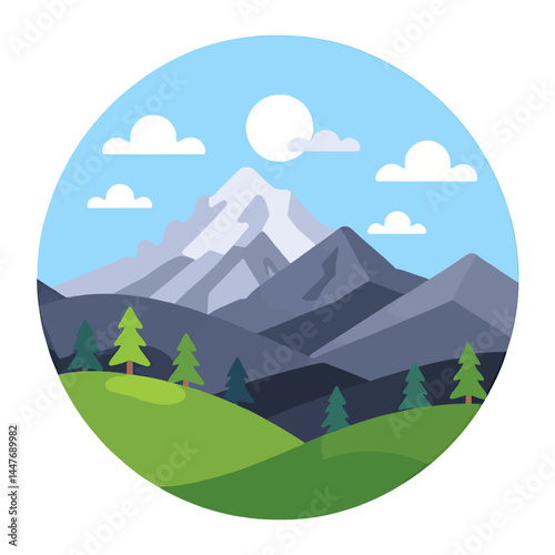 Cartoon Mountain Landscape Illustration_Vector Graphic of Mountains_Trees_and Clouds_Ideal for Wall Art or Nature Themed Designs_