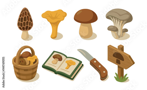 Edible mushroom icons set – morel, chanterelle, porcini, oyster, basket, book, knife, sign