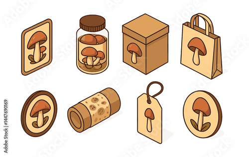 Mushroom packaging icons set – jar, box, bag, tag, bottle, label, eco-friendly, biodegradable