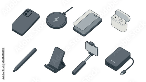Smartphone accessories icon set – charger, earbuds, case, stylus, holder, power bank