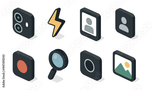 Isometric camera app icons set – lens, flash, selfie, profile, record, zoom, gallery