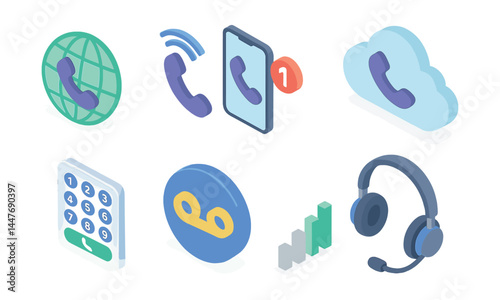 Voip and internet call icons set – phone, globe, smartphone, cloud, keypad, voicemail, headset