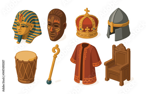 Cultural kingship icons set – pharaoh, tribal mask, crown, helmet, drum, scepter, robe, throne