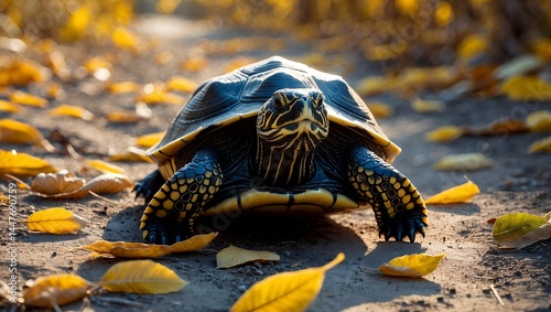 Turtle on dirt path surrounded by sunlit leaves