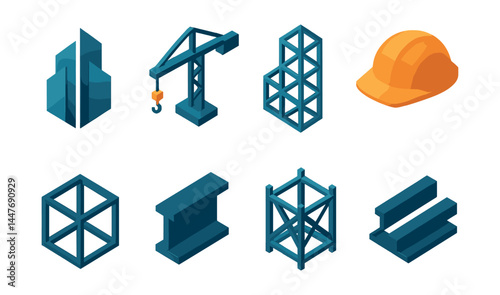 Modern construction icons set – crane, hard hat, structure, beam, framework