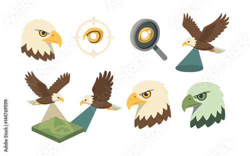 Eagle vision icons set – focus, magnifying, flight, target, surveillance