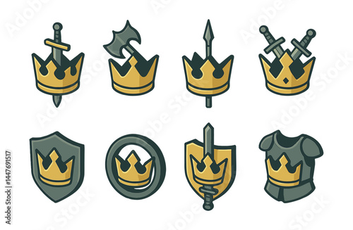 Medieval royalty and weapon icons set – crown, sword, shield, armor, spear, axe, emblem, knight