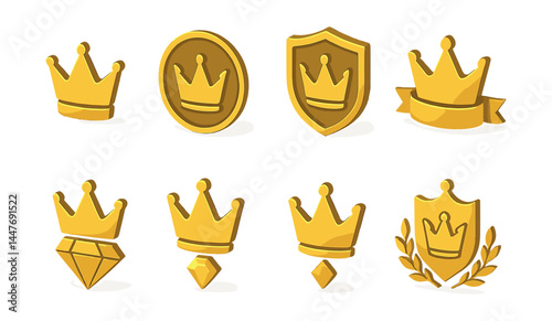 Isometric crown icons set – shield, badge, banner, laurel, diamond, royalty symbols
