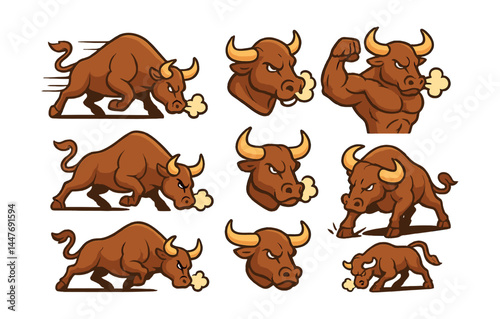 Dynamic bull icons set – charging, flexing, snorting, angry, powerful bull illustrations