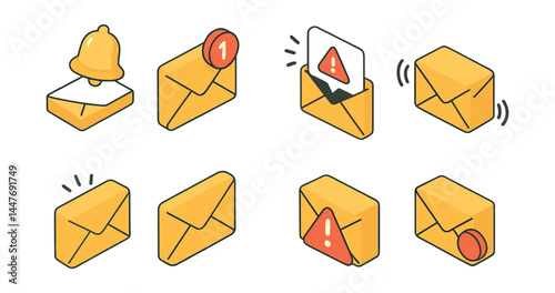 Email notification icons set – alert, envelopes, exclamation, bell, message