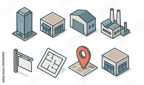 Isometric commercial real estate icons set – building, map, factory, warehouse, blueprint