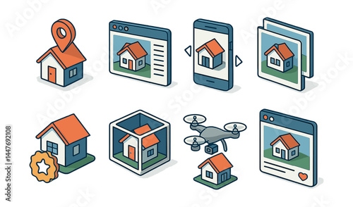 Real estate digital tools icons set – house, map, drone, smartphone, gear