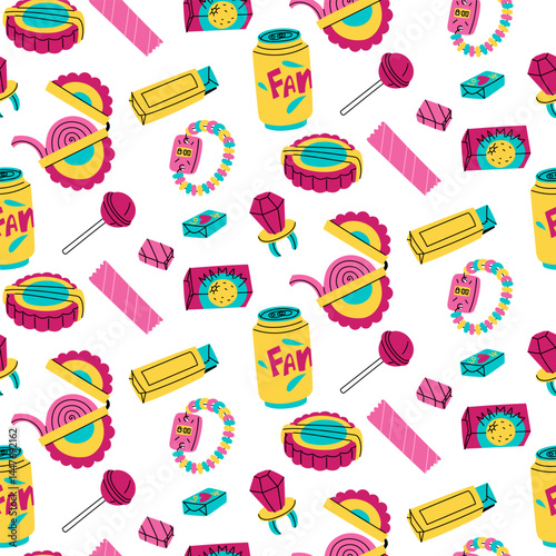 pattern of various chewing gums, candies, dragees, and carbonated drinks. Sweets for teenagers. a variety of dishes. Bright flat color illustration in the form of doodles. Seamless 90s, 2000s