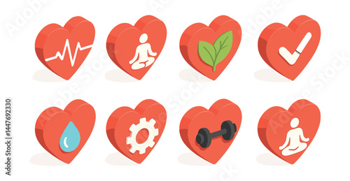 Wellness heart icons set – yoga, meditation, fitness, nutrition, health check, hydration