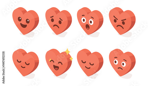 Emotional heart icons set – happy, sad, surprised, angry, peaceful, joyful, sleepy, confused