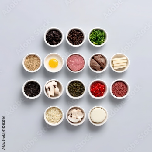 Luxury Chinese hotpot ingredients arranged symmetrically, clean white space