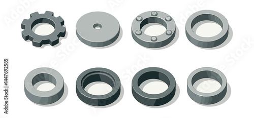 Industrial circle designs icons set – gear, disc, ring, washer, gasket, flange, spacer, collar